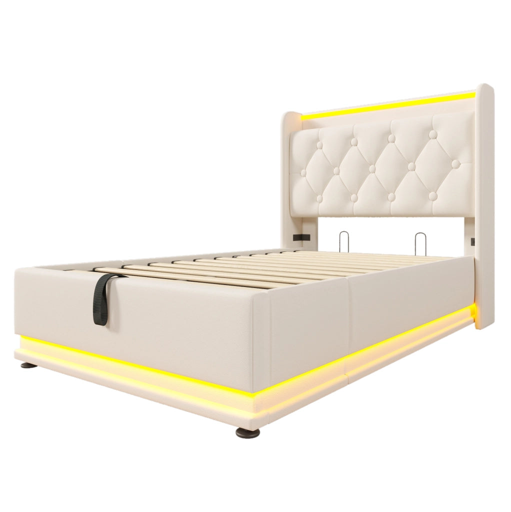 Letto singolo 90x200 cm in PU bianco con LED; USB e Type-C; contenitore idraulico