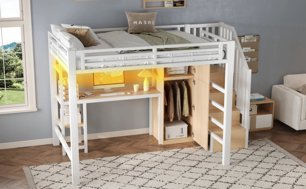 DESMIU Letto a soppalco 140 × 200 cm 2 posti con scrivania, armadio, ripiano e LED, senza materasso, bianco