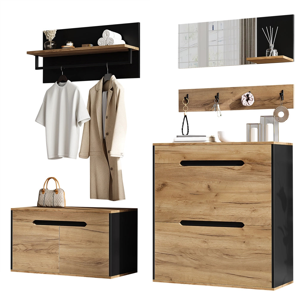 Set guardaroba modulare con scarpiera ribaltabile, panca portaoggetti, specchio e appendiabiti, Nero/Naturale, 156x36x176 cm