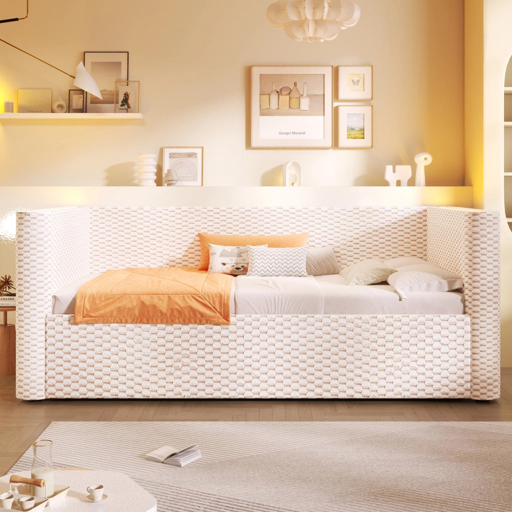 Letto giorno con illuminazione LED in velluto beige 90x200 cm