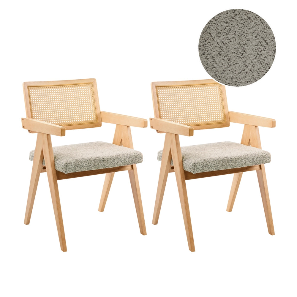 Set di 2 sedie da pranzo marrone chiaro e tortora con rivestimento bouclé e struttura in legno di gomma per sala da pranzo e cucina in stile retrò