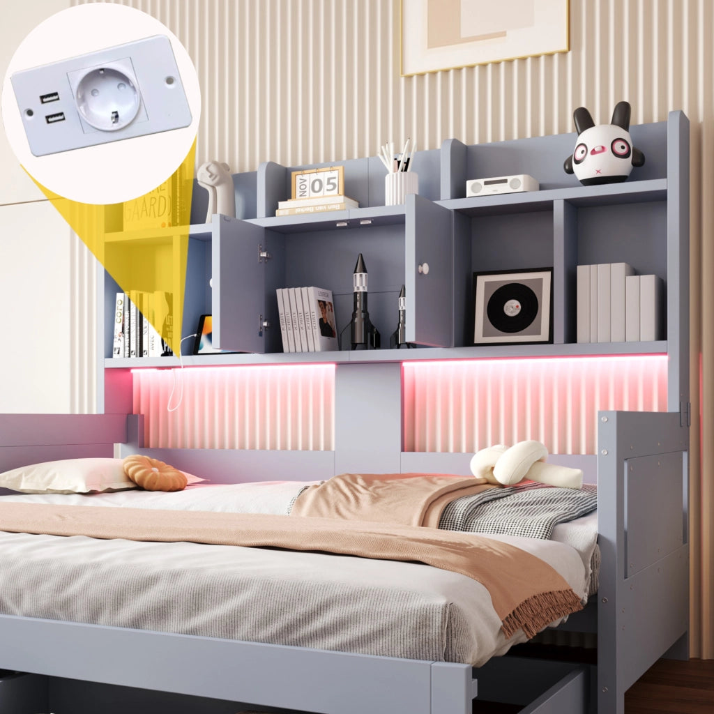 DESMIU Divano Letto 90 × 190 cm 1 posto con 2 cassetti, LED e presa, senza materasso, grigio