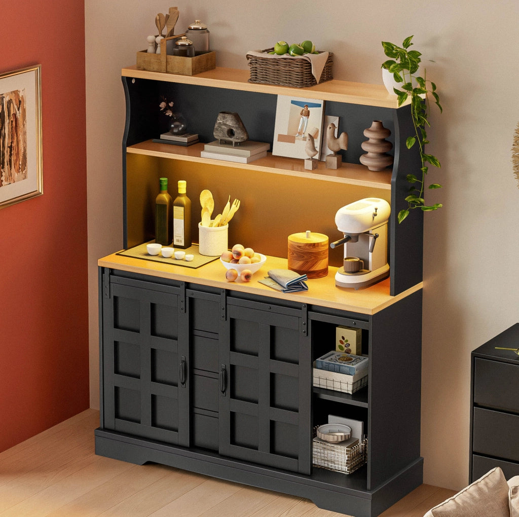 Credenza da cucina LED RGB con prese USB e 4 cassetti, nera