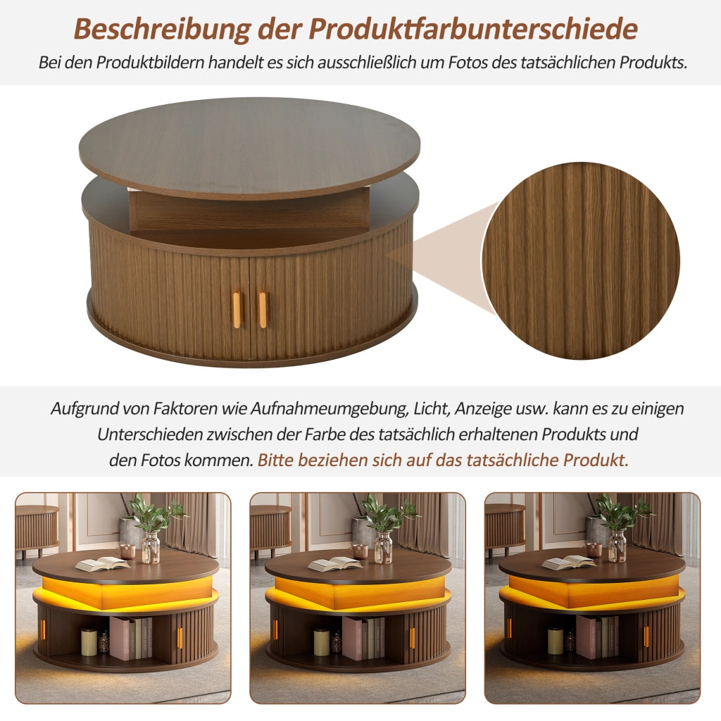 Tavolino basso sollevabile rotondo con LED e vano contenitore in MDF color noce per soggiorno 75 × 75 × 52 cm