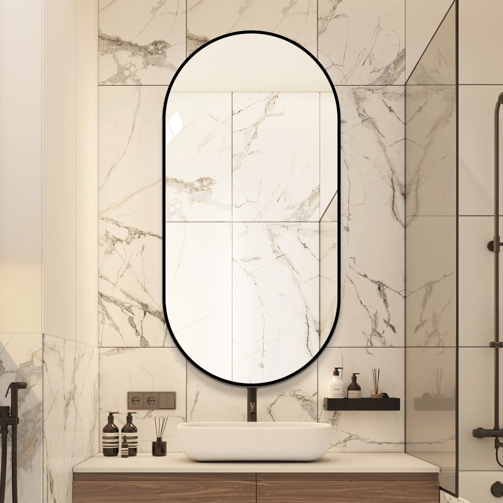 SPECCHIO ad arco 60x120 cm con cornice in alluminio nero, installazione verticale o orizzontale