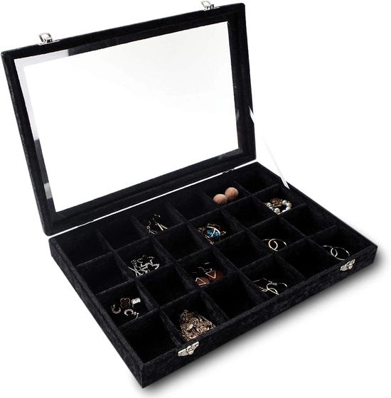 Organizzatore di Gioielli Premium con Cassetto di Carico Transparente e Vetro - 24 Righelli di Inserto di Carico in Felpa - Scatola di Conservazione di Gioielli con Chiusura - Regali per Ragazze e Donne