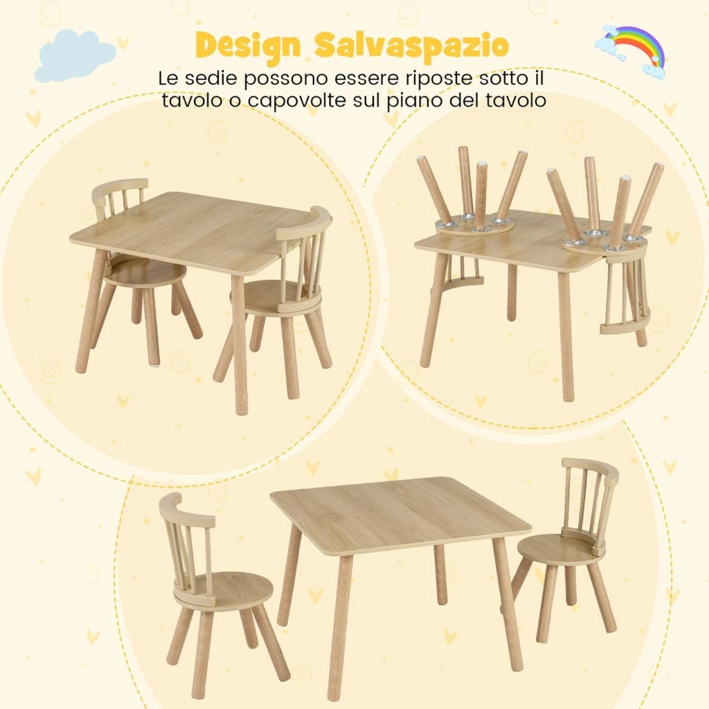 Set Tavolo e 2 Sedie per Bambini, Tavolo Attività con Schienali a Spindola Curvi, Sedute Rotonde e Gambe in Legno Massello, Tavolino per Bambini 3+ Anni per Disegno, Gioco e Studio (Naturale)
