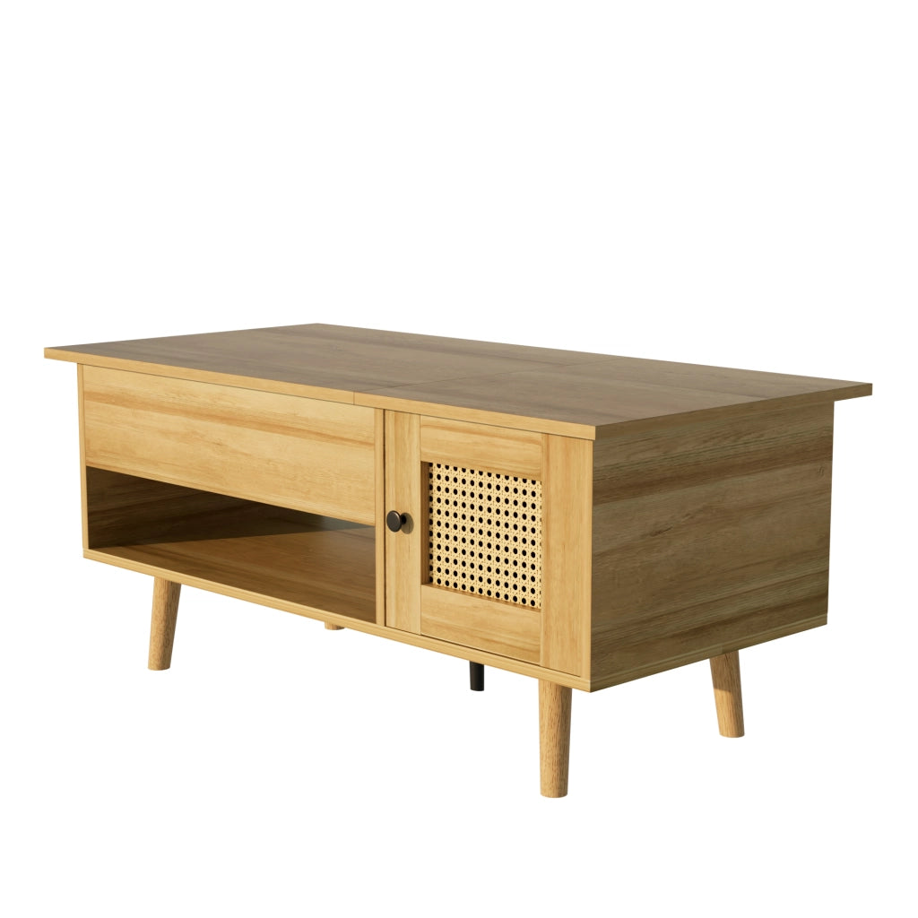 Tavolino da Caffè con Piano Sollevabile e 2 Ante Effetto Rattan; Stile Moderno; Soggiorno; in Pannello Truciolare; 103×50×46 cm; Legno