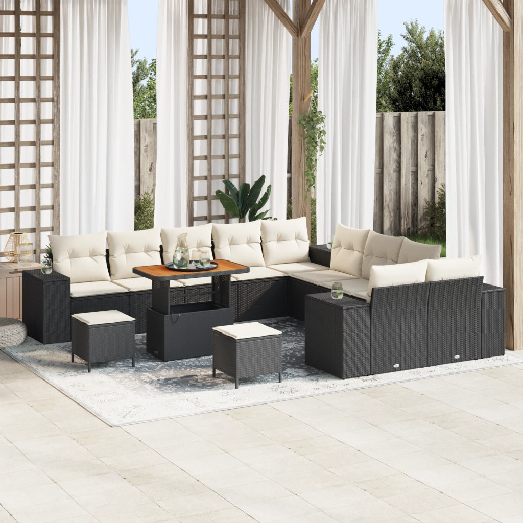 Set di divani da giardino 13 pezzi con cuscini neri in polyrattan e acacia