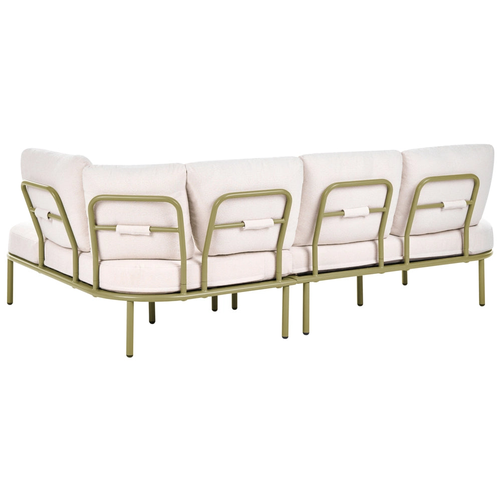 Divano da esterno con tavolino da 4 posti struttura in alluminio,piano ovale in metallo cuscini verde e beige chiaro