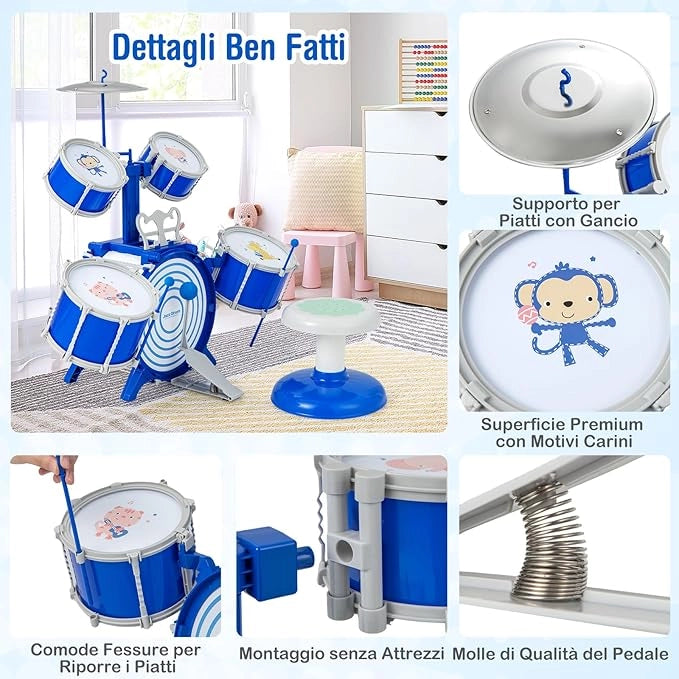 Set di Batteria per Bambini, Kit di Batteria Jazz con Cassa, Strumento Musicale a Percussione Educativo per Bambini 3+ Anni