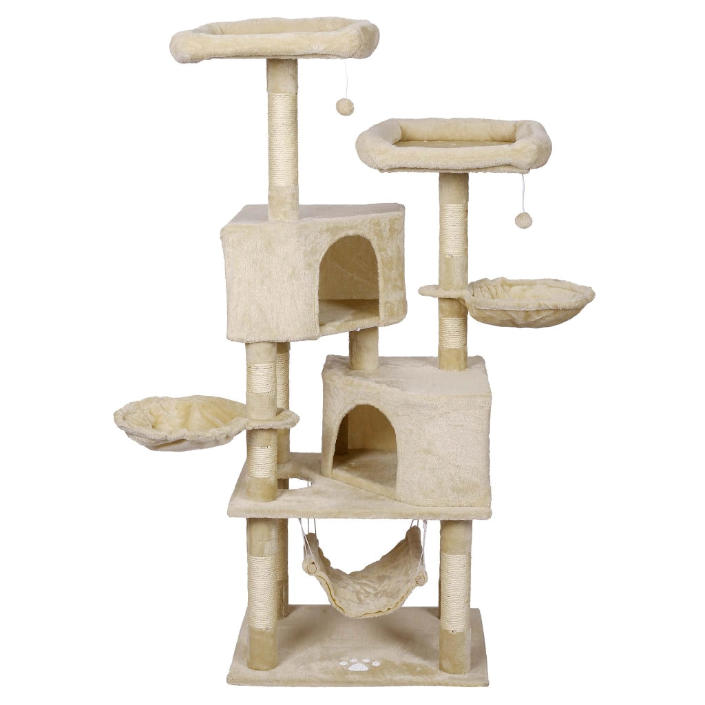 Albero tiragraffi beige con motivo a zampe 145cm Con amache, cucce per gatti e palline