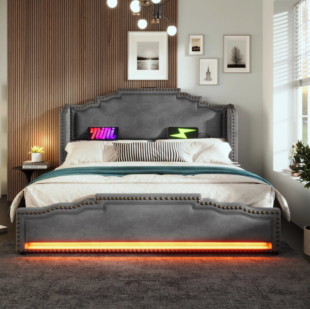 Letto imbottito grigio 160 x 200 cm con cassetti, LED, ricarica e materasso