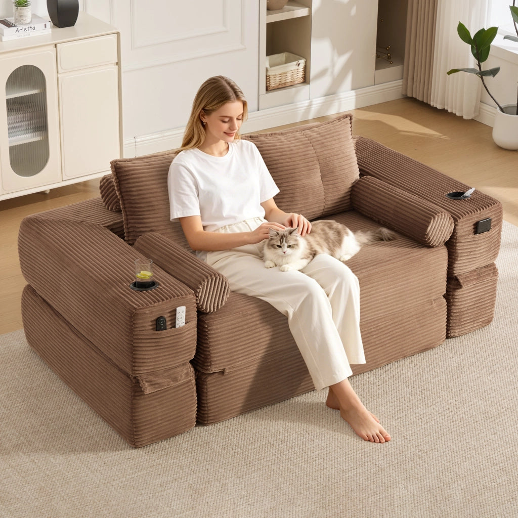 Divano Letto 2 Posti Cord ¨C MINIMAL ¨C Tessuto, Cuscini, Portabicchieri