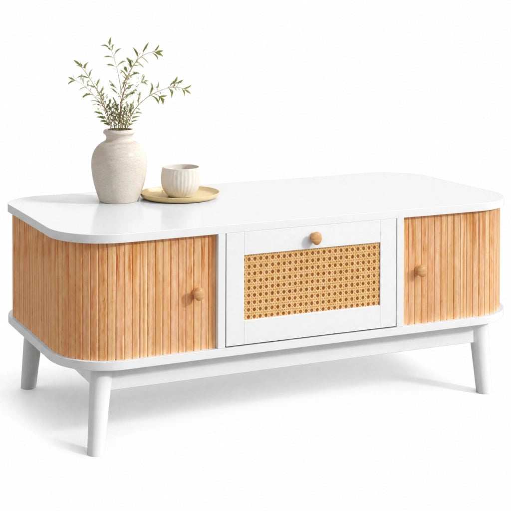 Tavolino da caffè con vano contenitore 110x55x38;5 cm; bianco e legno; in MDF
