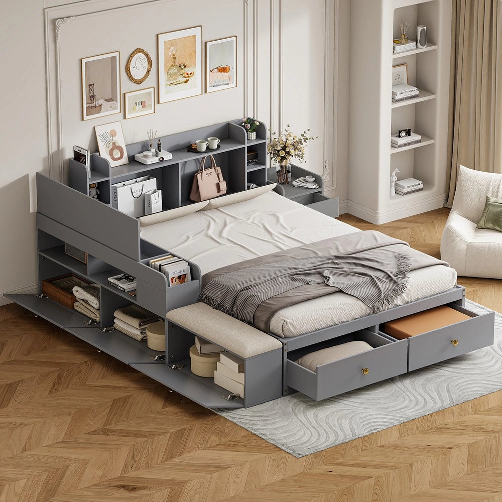 Letto Contenitore Matrimoniale in Legno Massello con Cassetti e Comodino ¨C MINIMAL ¨C Grigio 140x200