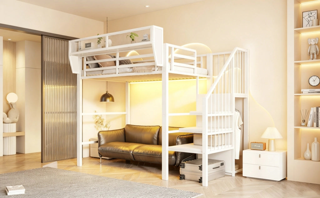 Letto a soppalco 90 × 200 cm con LED, scala di sicurezza e ripiani regolabili, senza materasso, in metallo bianco