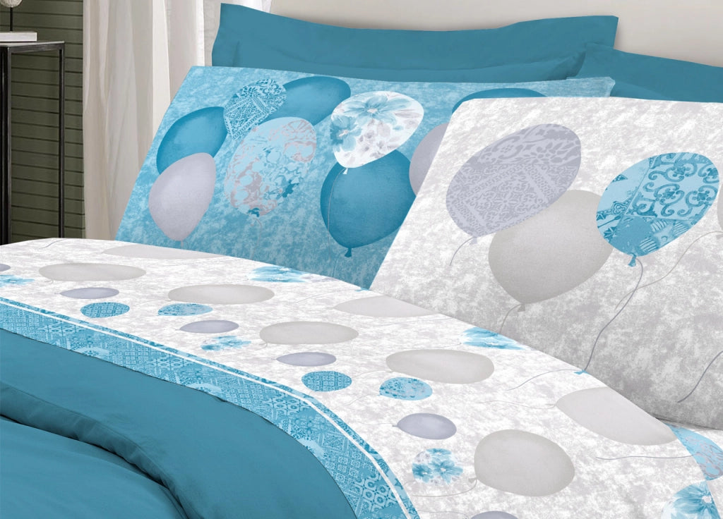 Completo Lenzuola Letto Pensieri Delicati 100% Cotone Dis. Palloncini - Matrimoniale - Azzurro