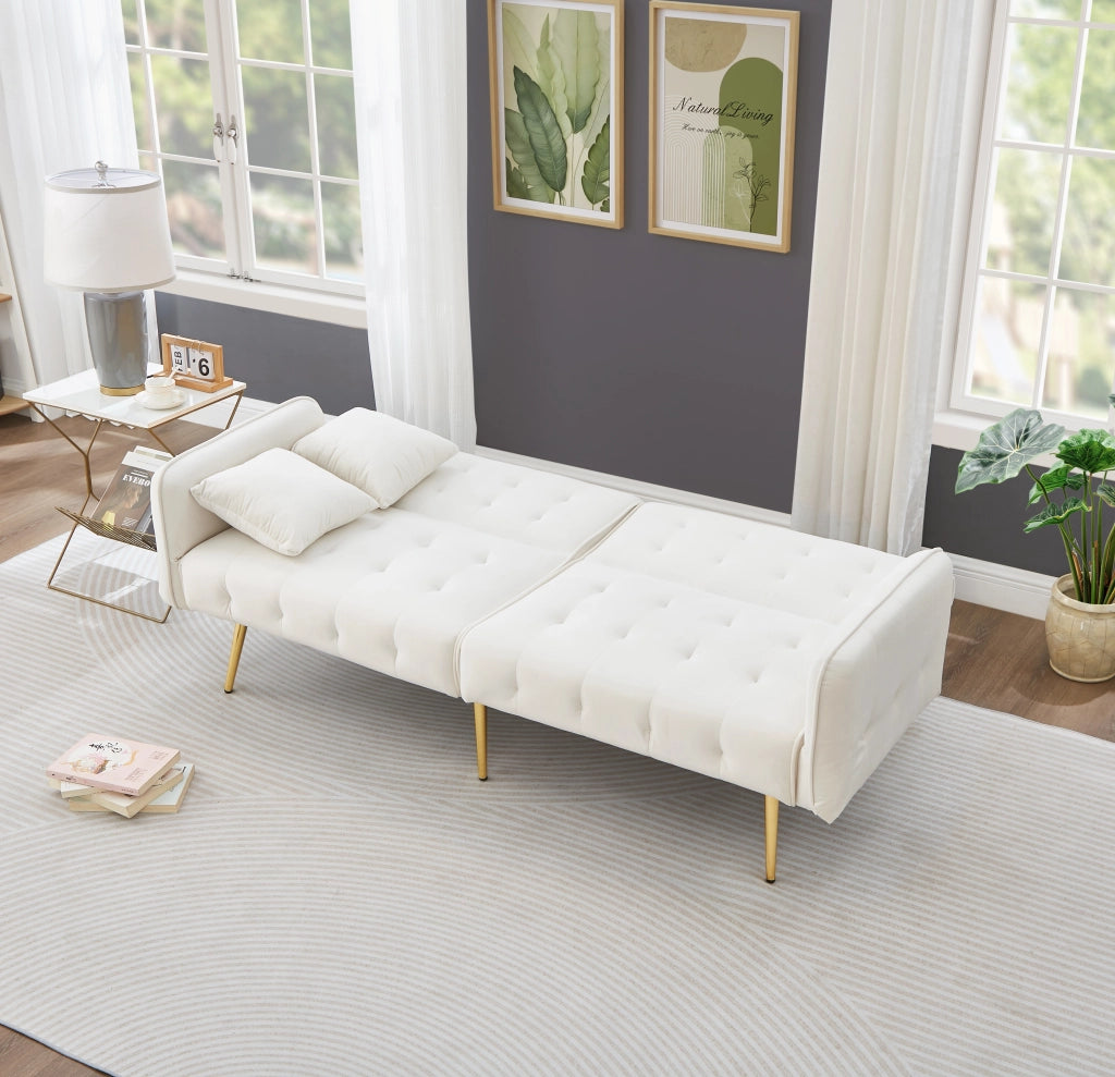 OKWISH Divano Letto 2 Posti, Schienale Regolabile e Braccioli Multi Posizione, con Cuscini, Velluto, Bianco Antico