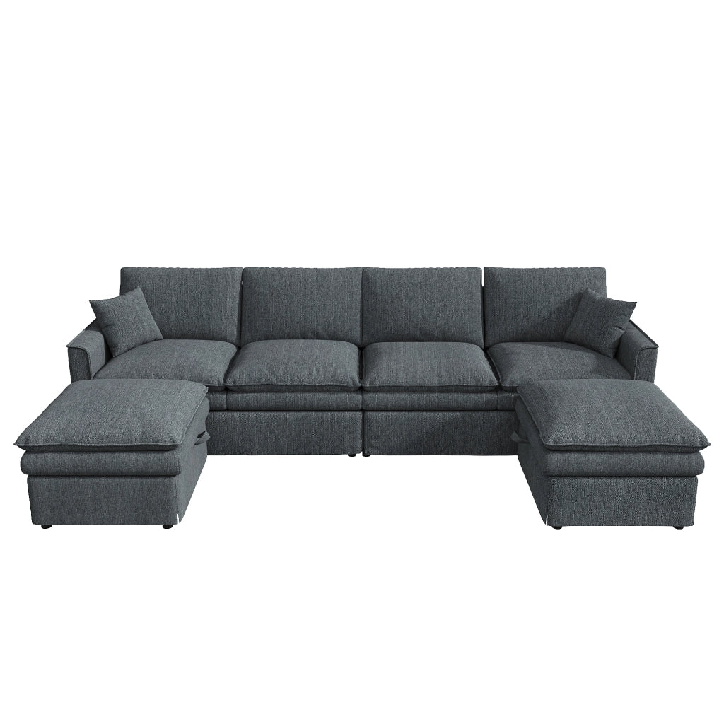 Divano modulare 6 posti con 2 pouf contenitore e ricarica integrata in cotone lino grigio