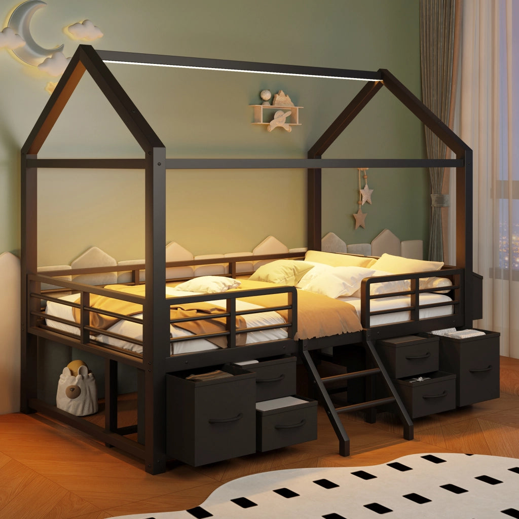 Letto a soppalco 90x200 cm in metallo e MDF; struttura a casetta con cassetti; nero