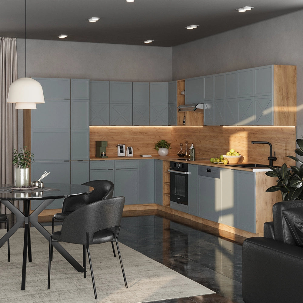 Cucina angolare completa Fame-Line Blu-grigio chiaro/Rovere dorato 347 x 60 cm, PL Marmo Vicco
