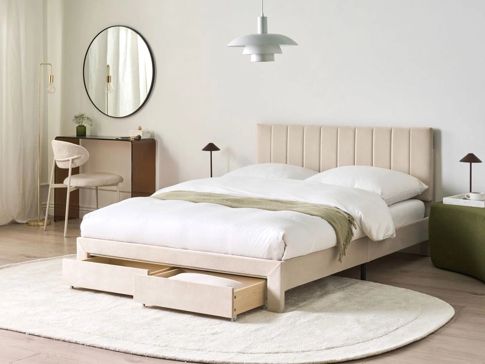 Letto matrimoniale 140 x 200 cm Beige Rivestimento in velluto 4ft con cassetti Testiera Base a doghe Moderno