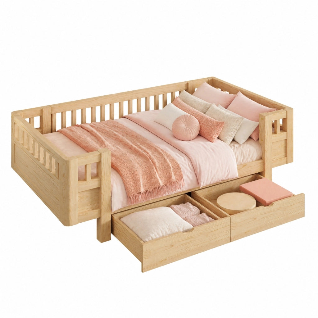 Letto Singolo 90x200 cm; con 2 Cassetti e Sponda di Protezione; in Legno