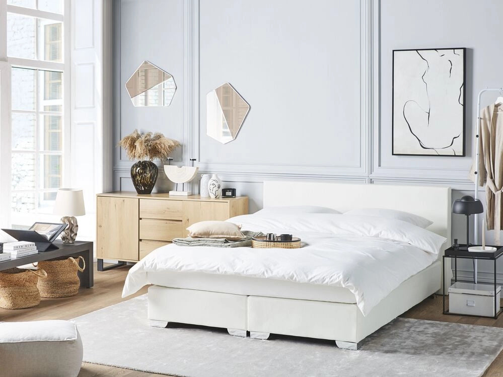 Letto continentale 160 x 200 cm in ecopelle bianca con materasso a molle insacchettate
