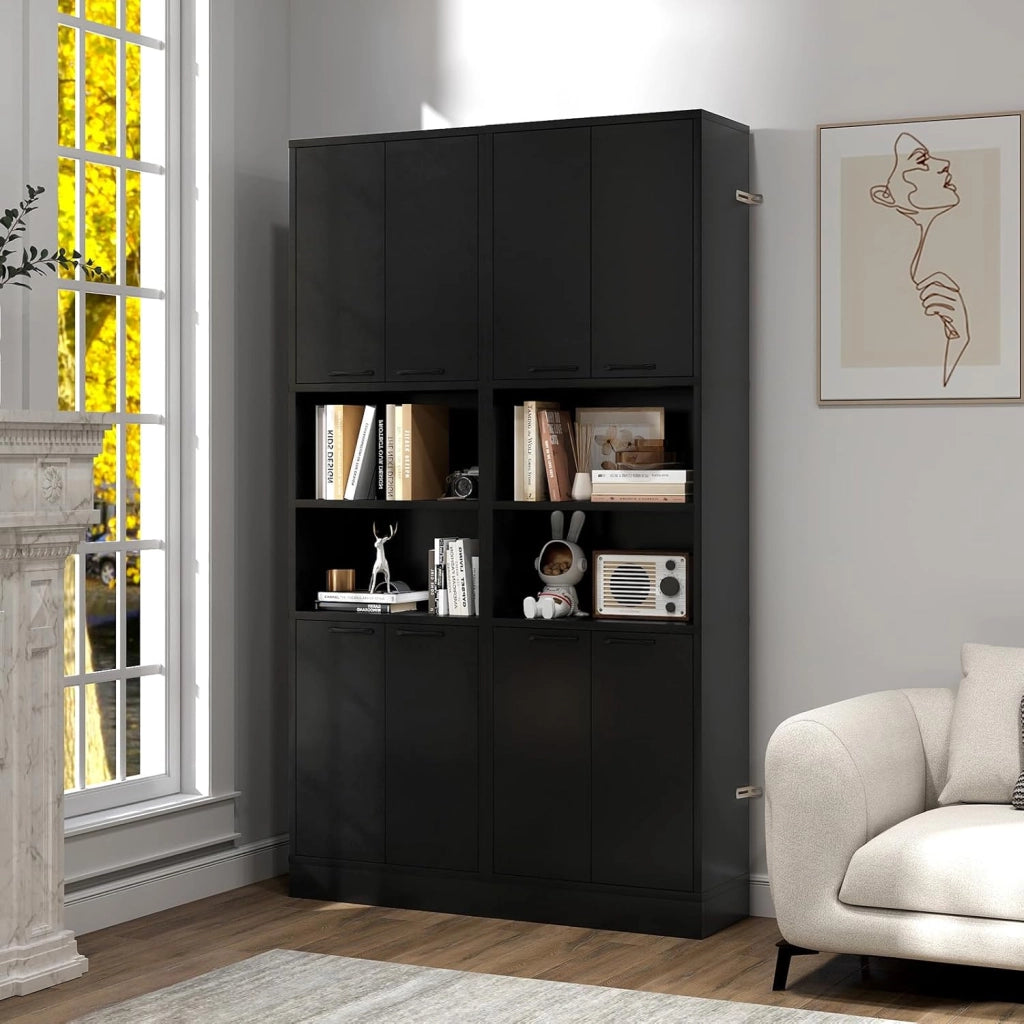 Credenza Alta da Cucina 190 cm, Mobile Cucina Dispensa in Legno, Mobile Buffet con 2 Armadio e Ripiano, per Soggiorno, Sala da Pranzo, Bagno, 56 x 30 x 190 cm, (In 2 Pacchi) (Nero)