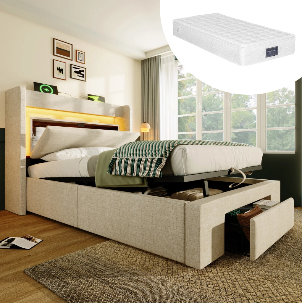 Letto imbottito 90x200 cm con contenitore idraulico; LED; USB e USB-C; beige; con materasso