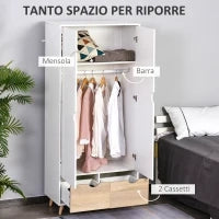 Armadio a Due Ante in Legno con 1 Ripiano, 1 Appendiabiti, 2 Cassetti con Maniglie Intagliate, Bianco 80x40x180cm