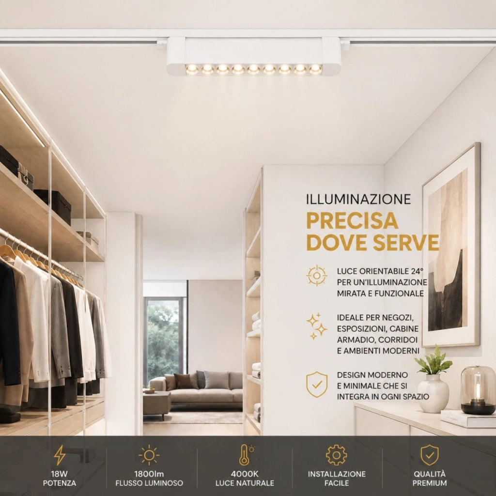 Faro Led Binario Monofase, Bianco Lineare 34cm 18W 1800lm 24° Orientabile, Disponibili 3000K 4000K (Bianco Neutro 4000K)