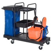 Carrello Pulizie Professionale a 3 Ripiani con Sacco per Immondizia, Ganci per Scopa, Secchio Lavapavimenti con Strizzatore per Mocio e 5 Ruote, per Hotel e Albergo, 111x63.3x103 cm, Nero
