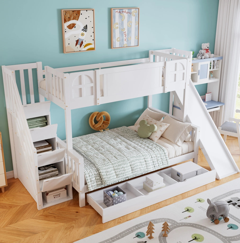 Letto a castello bianco 90x200/120x200 cm con scivolo, scala contenitore e cassetto
