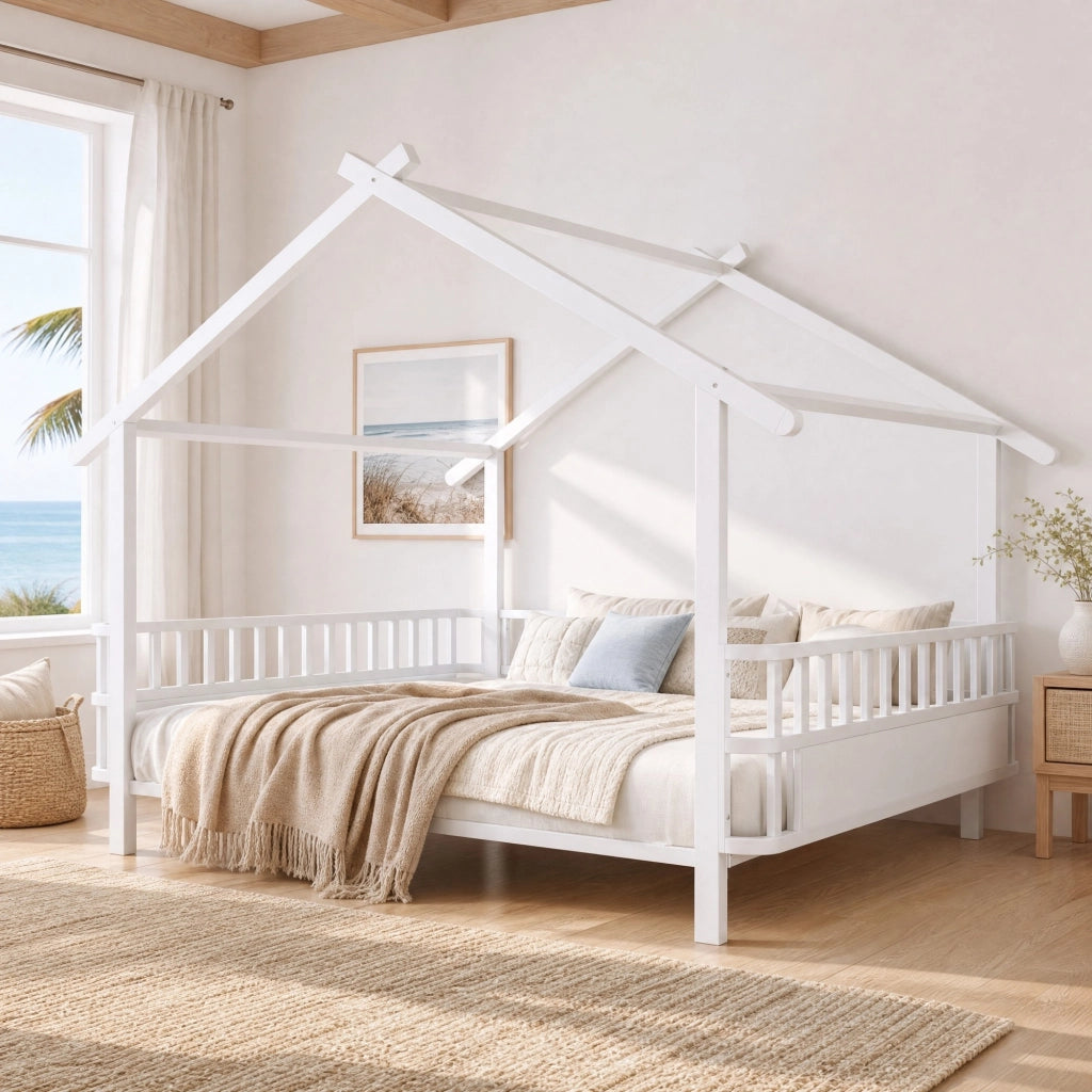 Letto per bambini in metallo a forma di casa 140 x 200 cm con sponde di sicurezza, design a tetto, colore bianco
