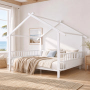 Letto per bambini in metallo a forma di casa 140 x 200 cm con sponde di sicurezza, design a tetto, colore bianco