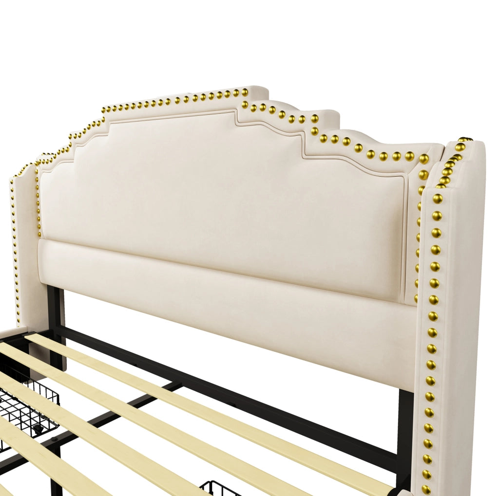 Letto matrimoniale 140x200 cm in velluto beige con LED; porte USB Type-C e 4 cassetti; con materasso