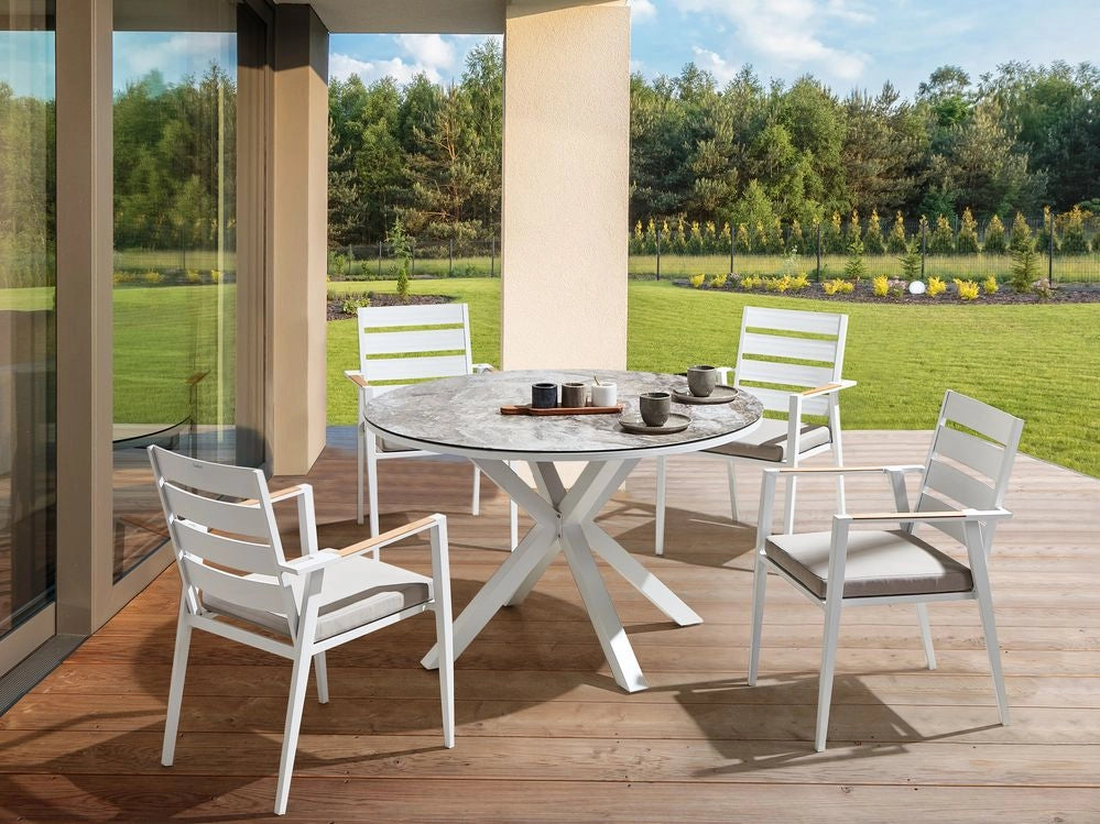 Set da giardino a 4 posti composto da tavolo in alluminio con piano in marmo e sedie con cuscini grigi giardino terrazzo elegante
