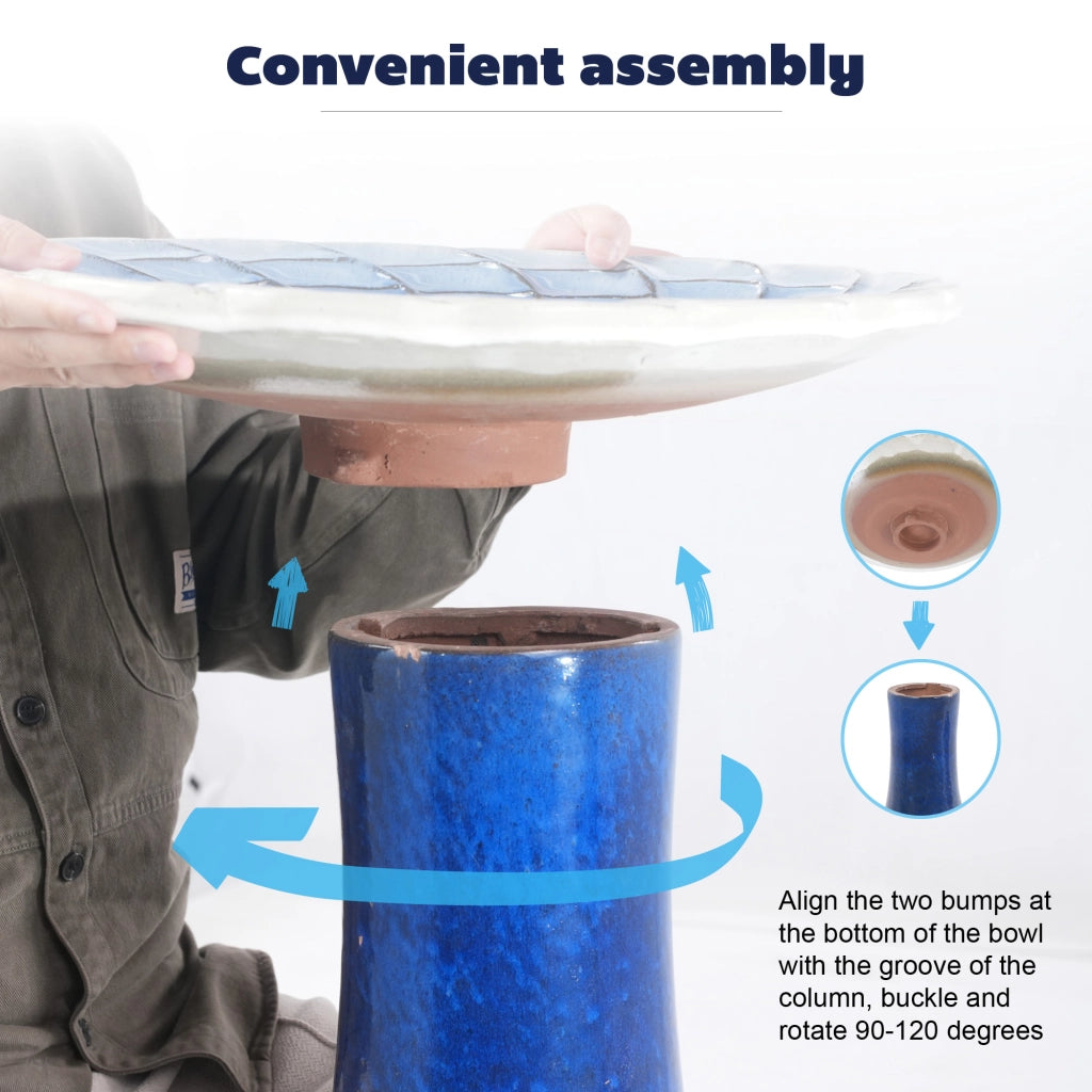 Fontana da giardino in ceramica fatta a mano con scodella ampia e base alta, resistente al gelo, blu e bianco