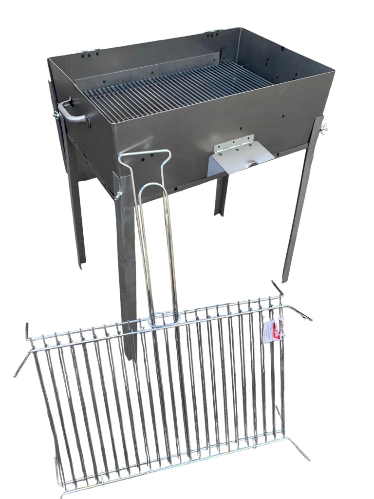 Barbecue in ferro con griglia in acciaio, con coperchio richiudibile, piedi estraibili, per legna o carbone, portatile 40x30 cm