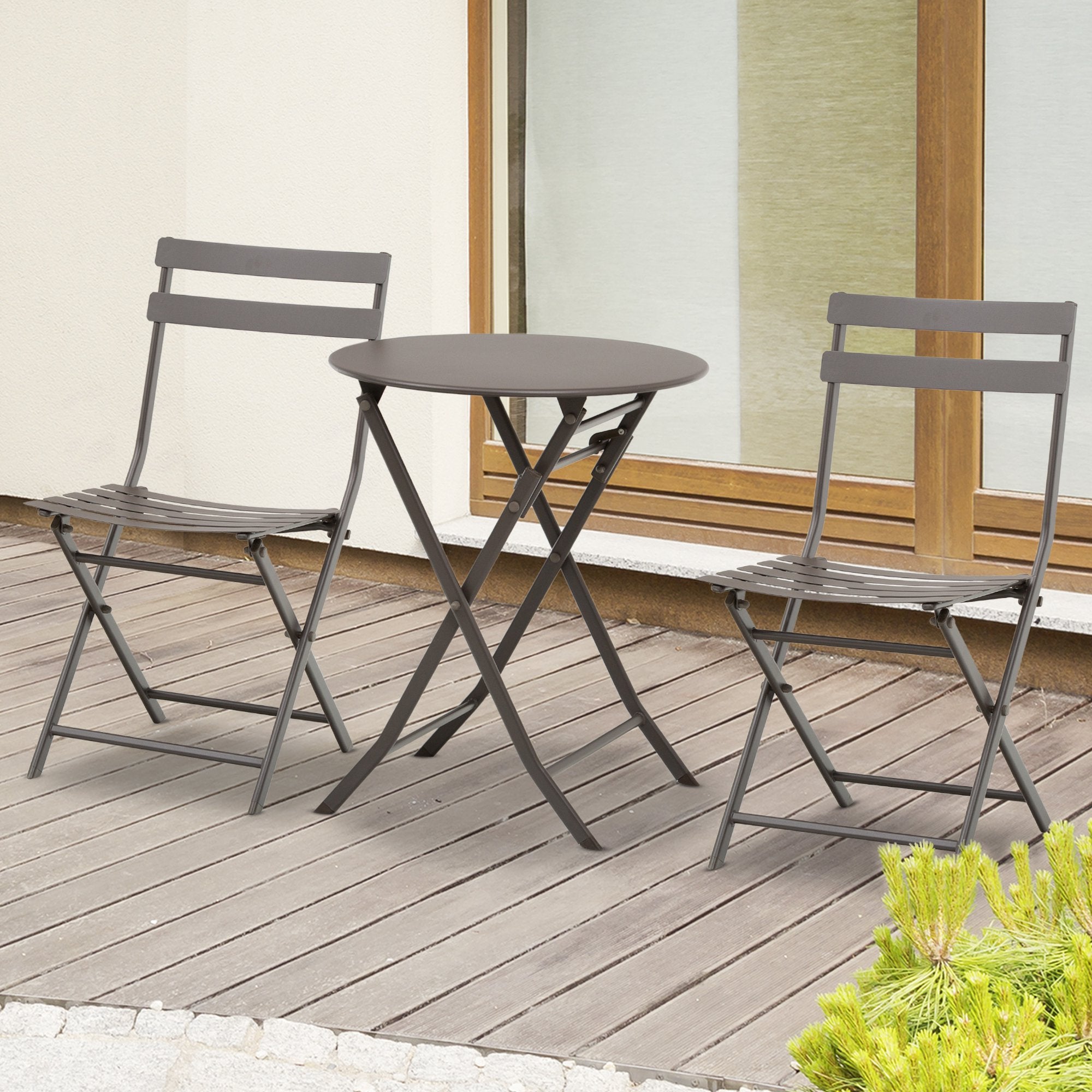 EasyComfort Tavolino con Sedie Pieghevoli in Acciaio Marrone, per Balcone, Terrazzo, Giardino