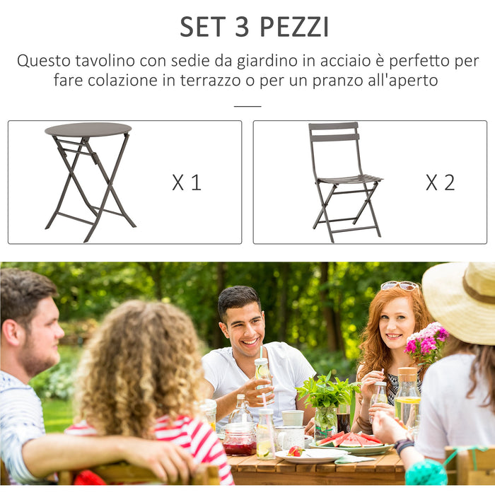 EasyComfort Tavolino con Sedie Pieghevoli in Acciaio Marrone, per Balcone, Terrazzo, Giardino