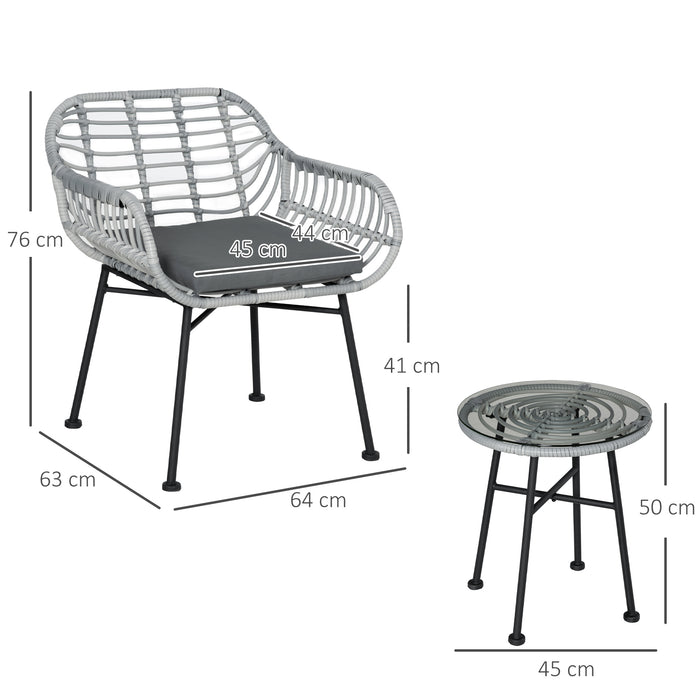 Easycomfort Set Mobili da Giardino in Rattan PE con 2 Sedie e Tavolino con Ripiano in Vetro, Grigio