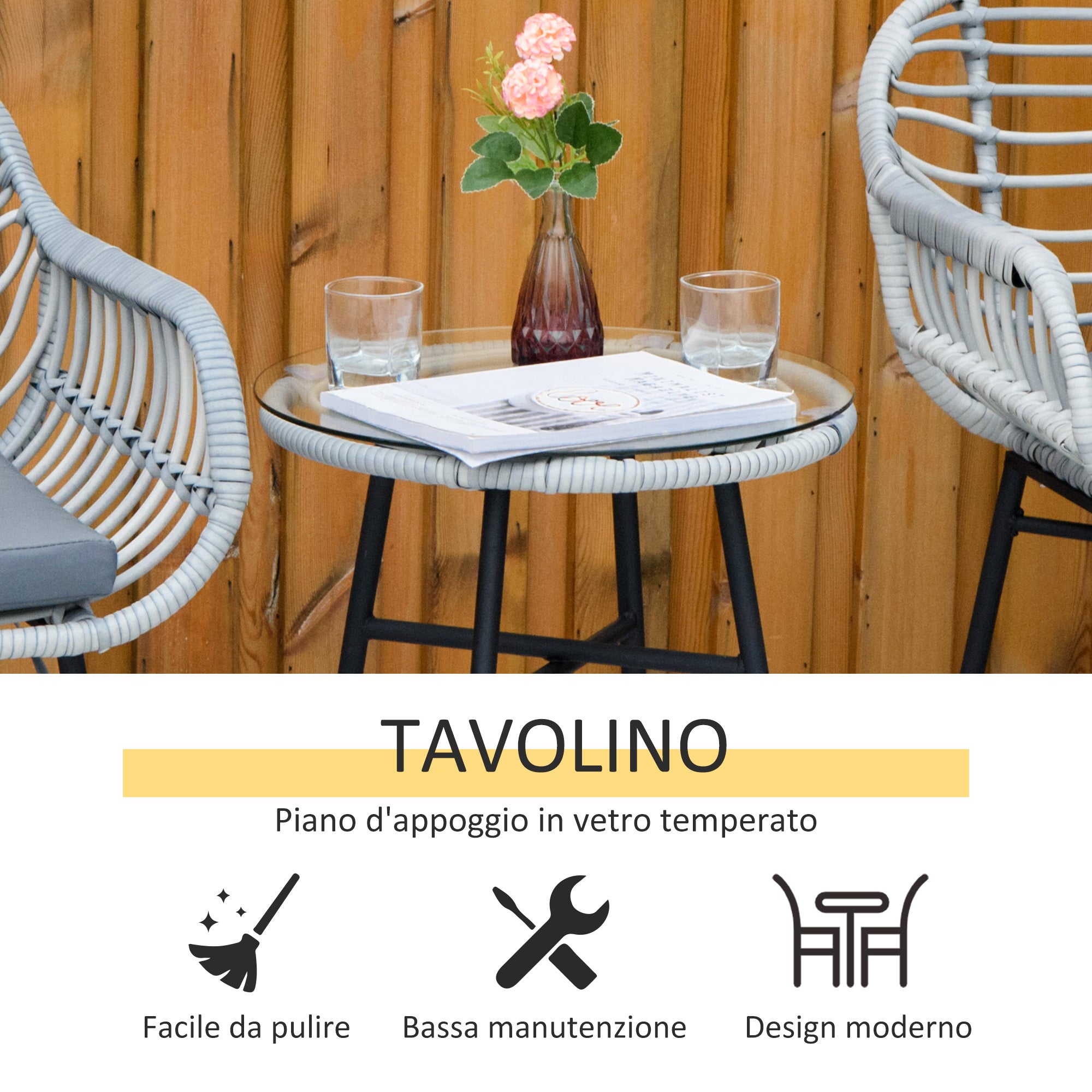 Easycomfort Set Mobili da Giardino in Rattan PE con 2 Sedie e Tavolino con Ripiano in Vetro, Grigio