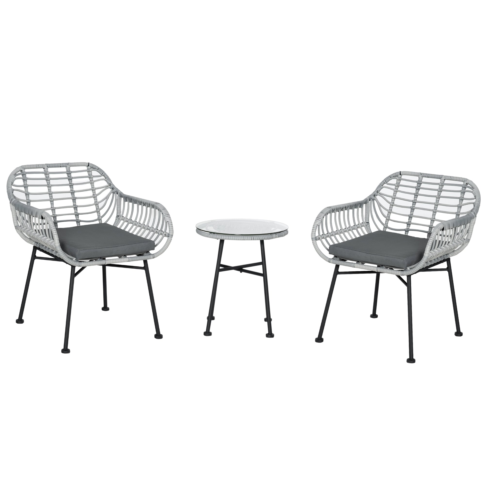Easycomfort Set Mobili da Giardino in Rattan PE con 2 Sedie e Tavolino con Ripiano in Vetro, Grigio