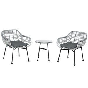 Easycomfort Set Mobili da Giardino in Rattan PE con 2 Sedie e Tavolino con Ripiano in Vetro, Grigio