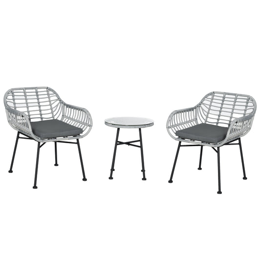 Easycomfort Set Mobili da Giardino in Rattan PE con 2 Sedie e Tavolino con Ripiano in Vetro, Grigio