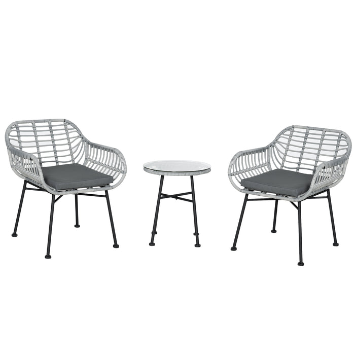 Easycomfort Set Mobili da Giardino in Rattan PE con 2 Sedie e Tavolino con Ripiano in Vetro, Grigio