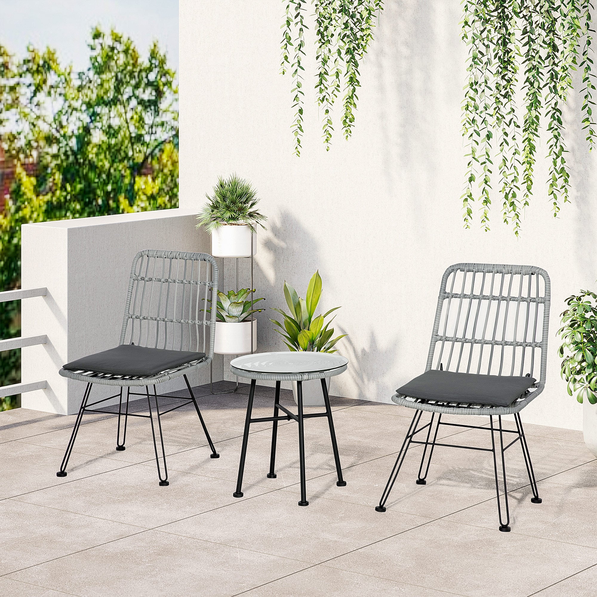 EasyComfort Set Mobili da Giardino 3 Pezzi con Tavolino e Sedie in Rattan PE, Poilestere e Acciaio per Esterni, Grigio
